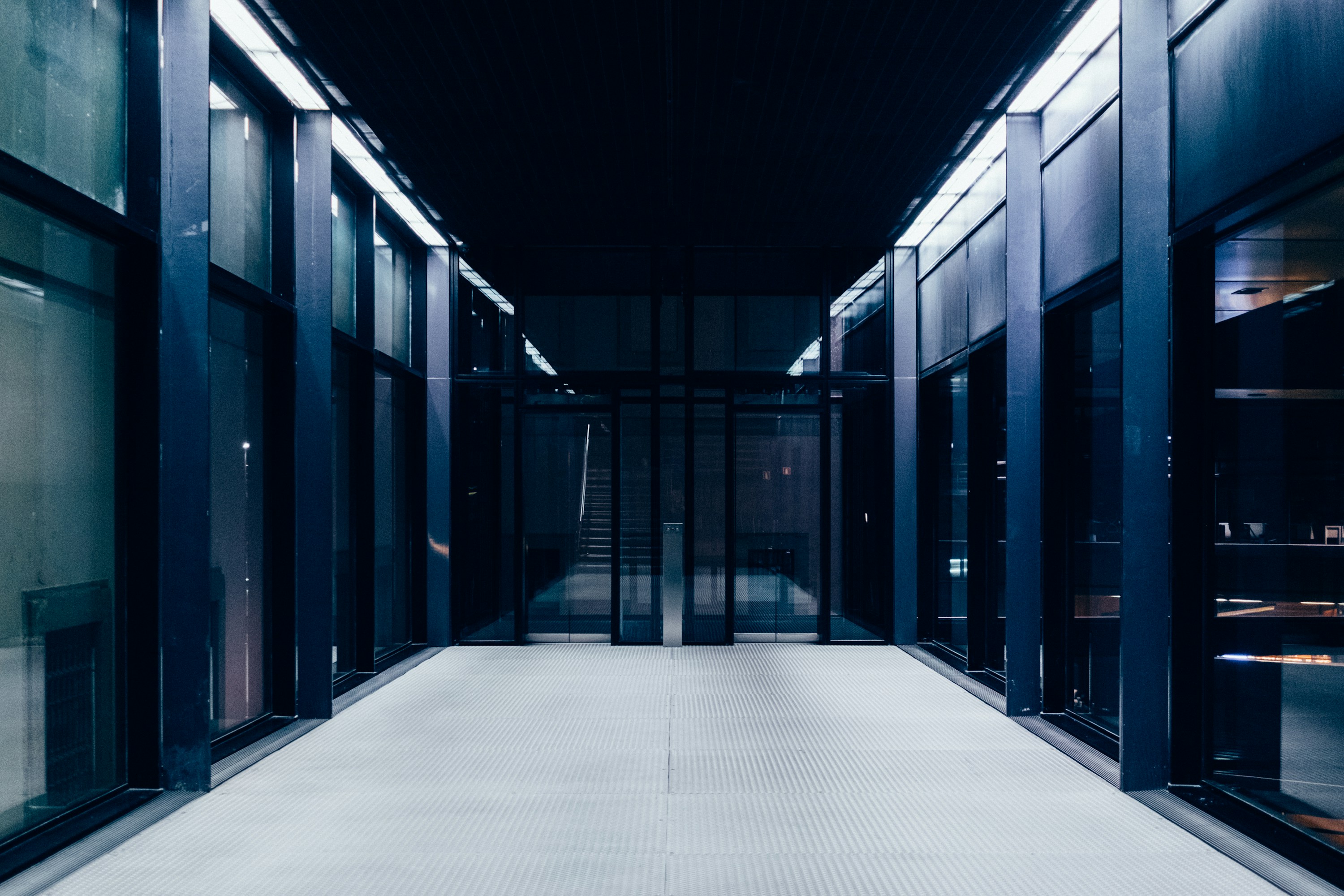 Clean blue data facility corridor